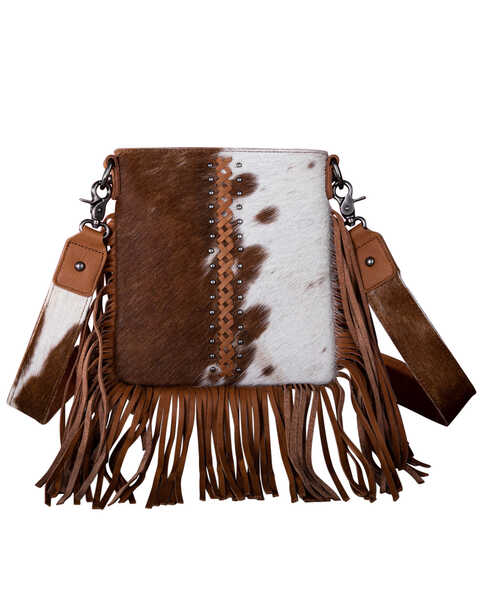 Image #1 - Montana West Women's Genuine Leather Hair-On Fringe Crossbody Bag , Brown, hi-res