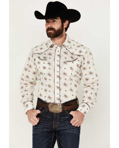 Image #1 - Roper Men's Floral Print Long Sleeve Pearl Snap Western Shirt, Cream, hi-res