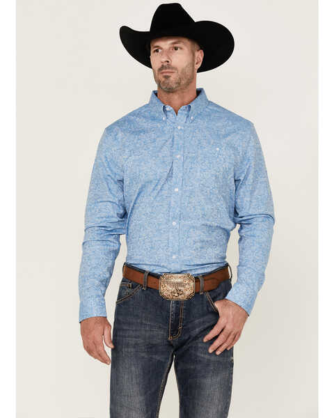 RANK 45® Men's Floater Paisley Print Long Sleeve Button-Down Western Shirt , Blue, hi-res