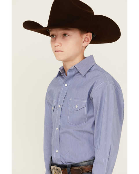 Image #2 - Rough Stock by Panhandle Boys' Striped Long Sleeve Pearl Snap Stretch Western Shirt , Blue, hi-res