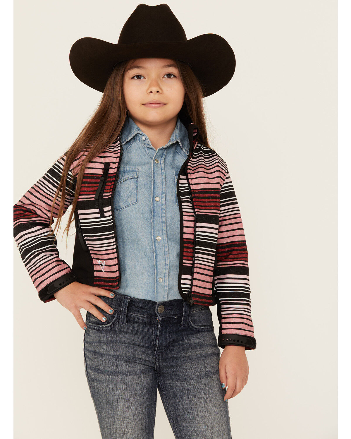 Image #1 - Cowgirl Hardware Girls' Desert Serape Striped Poly Shell Jacket, Pink, hi-res
