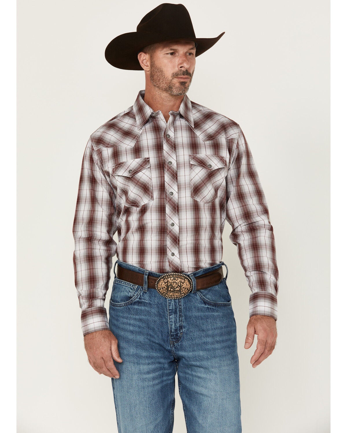 Image #1 - Wrangler 20X Men's Plaid Print Long Sleeve Snap Stretch Western Shirt, Wine, hi-res