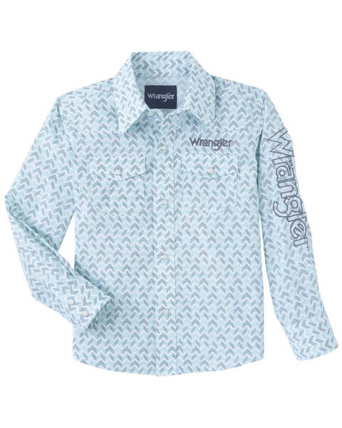 Image #1 - Wrangler Boys' Geo Print Logo Long Sleeve Pearl Snap Western Shirt , Aqua, hi-res