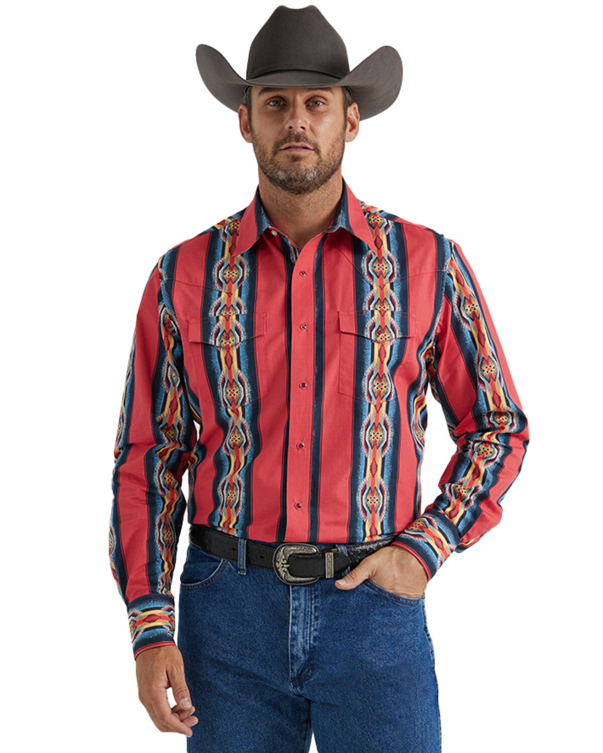 Image #1 - Wrangler Men's Checotah Southwestern Striped Print Long Sleeve Pearl Snap Western Shirt - Tall, Red, hi-res
