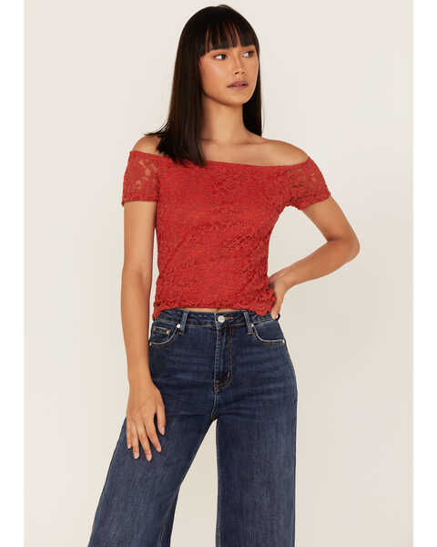 Panhandle Women's Floral Lace Off Shoulder Shirt, Red, hi-res