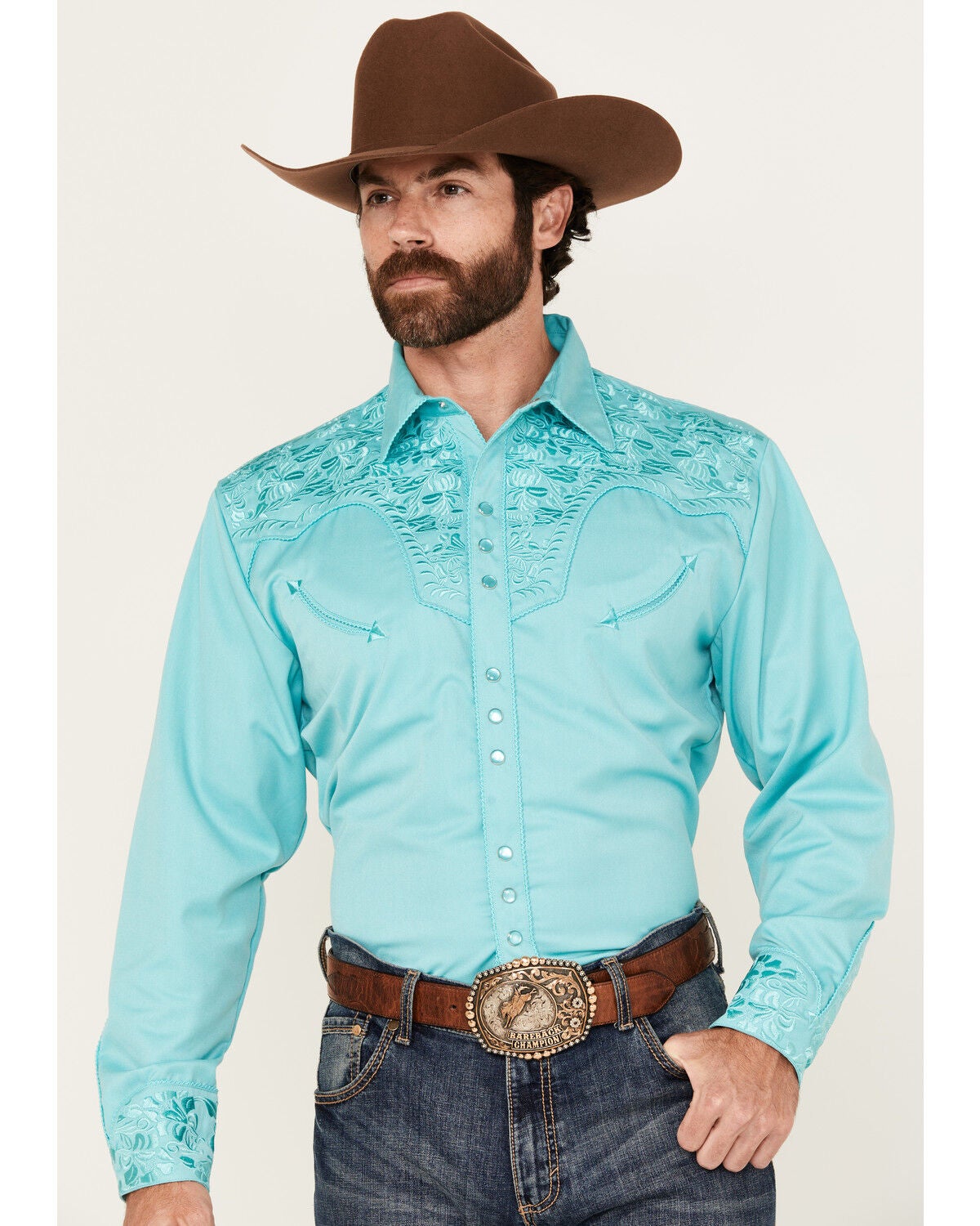 Image #1 - Scully Men's Gunfighter Tonal Embroidered Long Sleeve Snap Western Shirt, Turquoise, hi-res