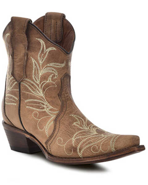 Image #1 - Corral Women's Embroidered Ankle Booties - Snip Toe , Tan, hi-res