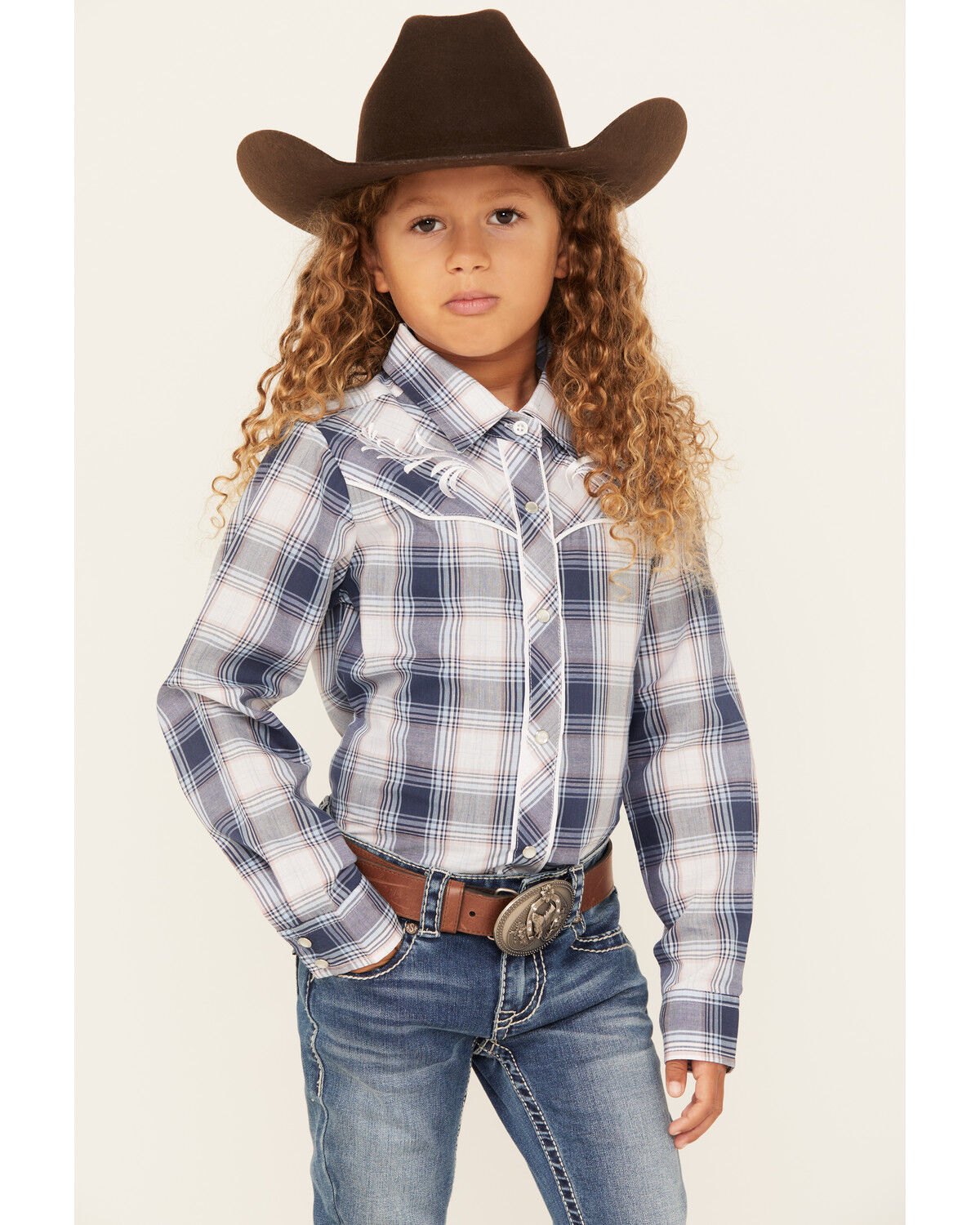Image #1 - Ely Walker Girls' Embroidered Yoke Plaid Print Long Sleeve Pearl Snap Western Shirt, Blue, hi-res