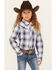 Ely Walker Girls' Embroidered Yoke Plaid Print Long Sleeve Pearl Snap Western Shirt , Blue, hi-res