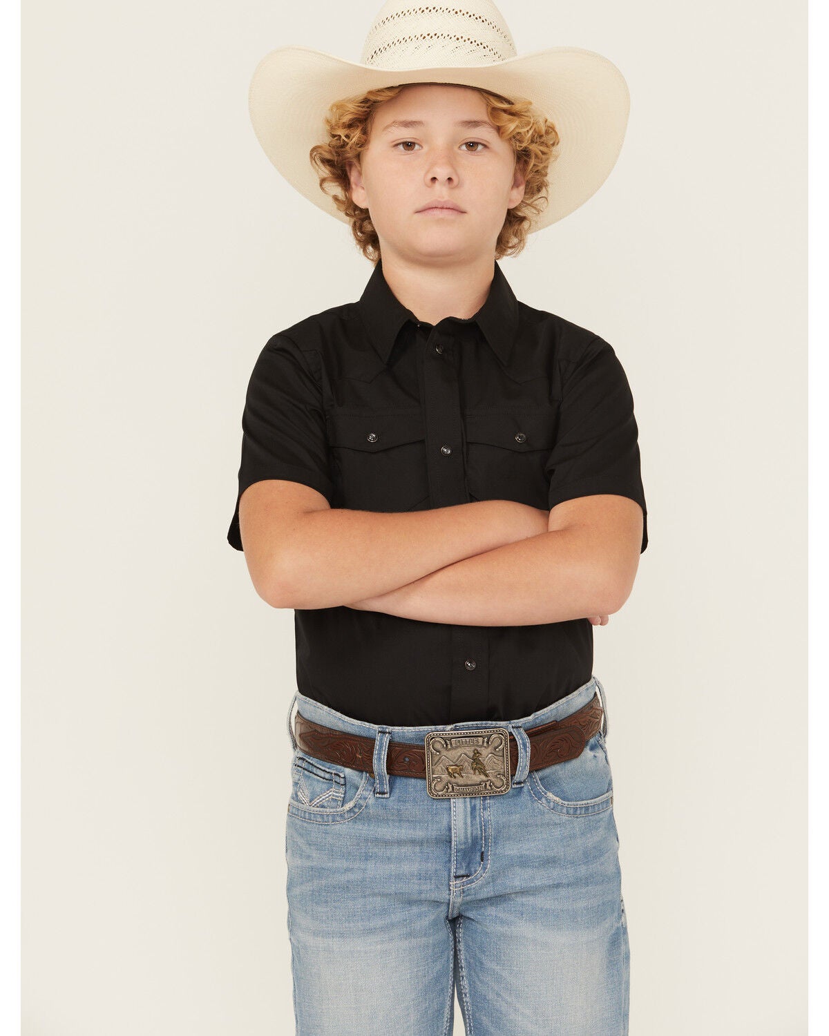 Gibson Trading Co Boys' Solid Short Sleeve Snap Stretch Western Shirt, Black, hi-res