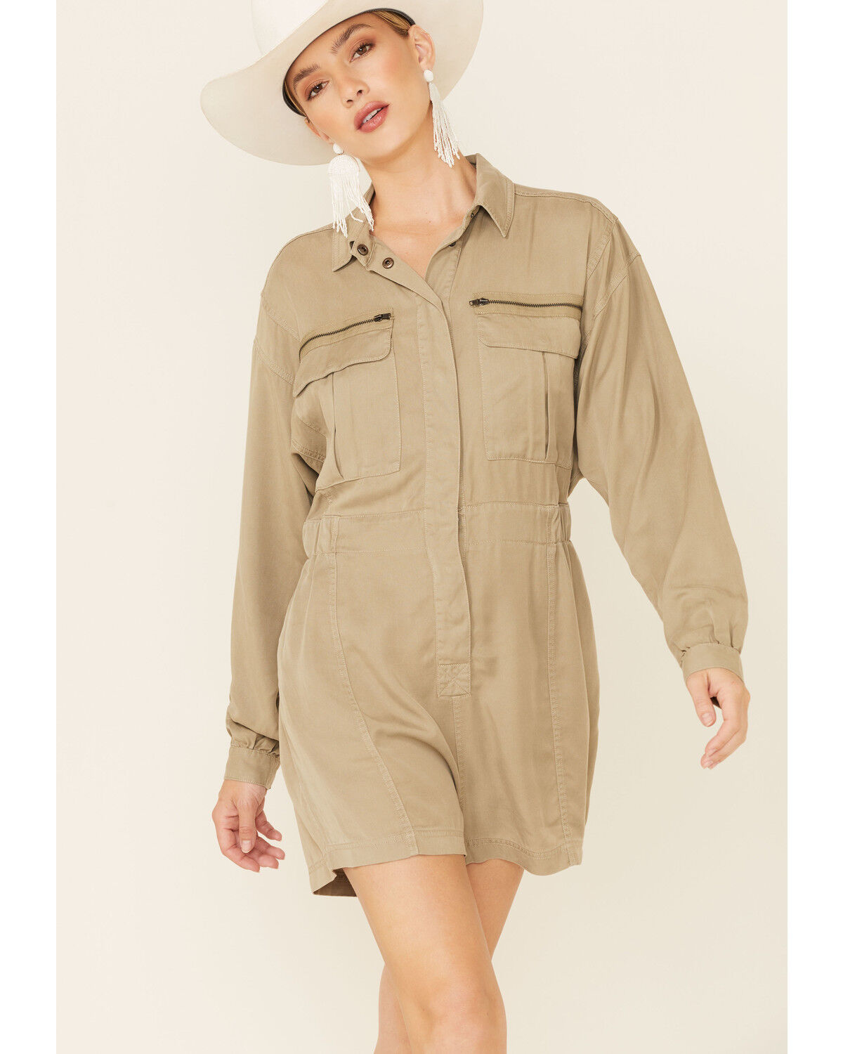 Image #2 - Very J Women's Tencel Utility Romper, Olive, hi-res