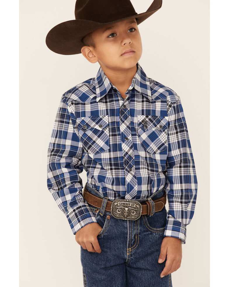 Wrangler Retro Boys' Vintage Indigo Plaid Long Sleeve Snap Western Shirt , Blue, hi-res