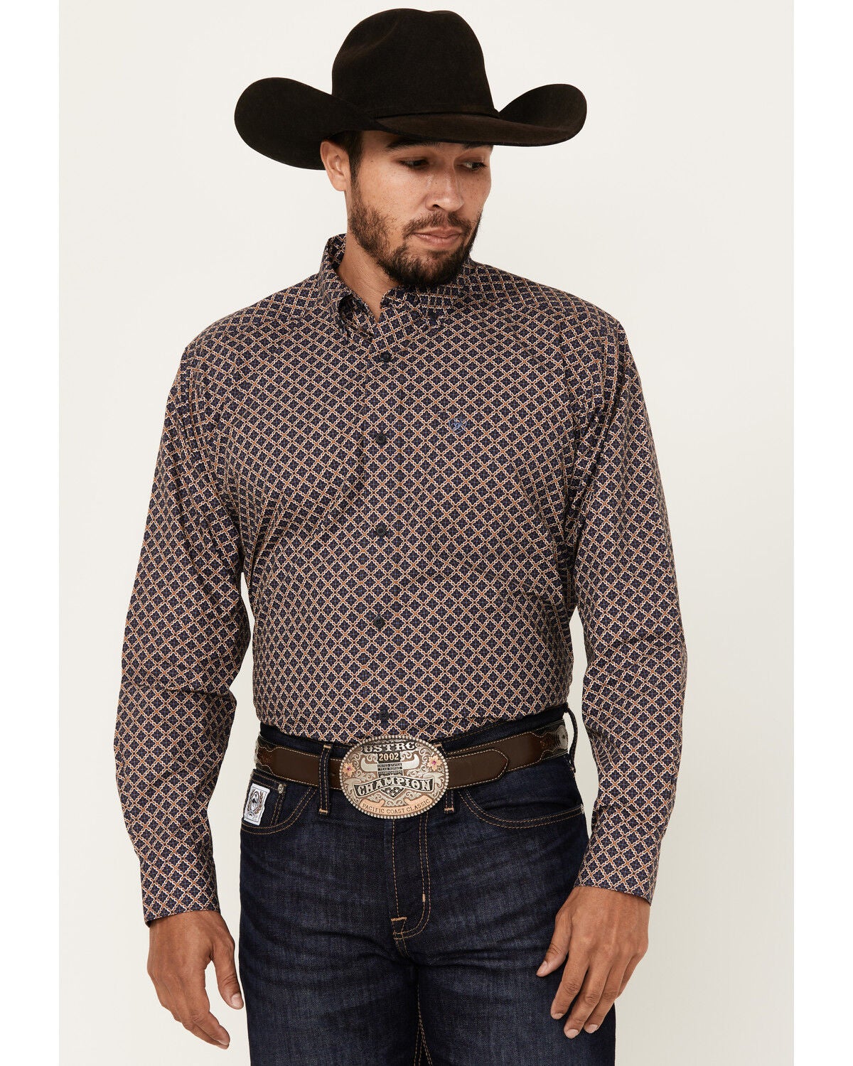 Ariat Men's Crawford Medallion Print Long Sleeve Button-Down Western Shirt, Navy, hi-res