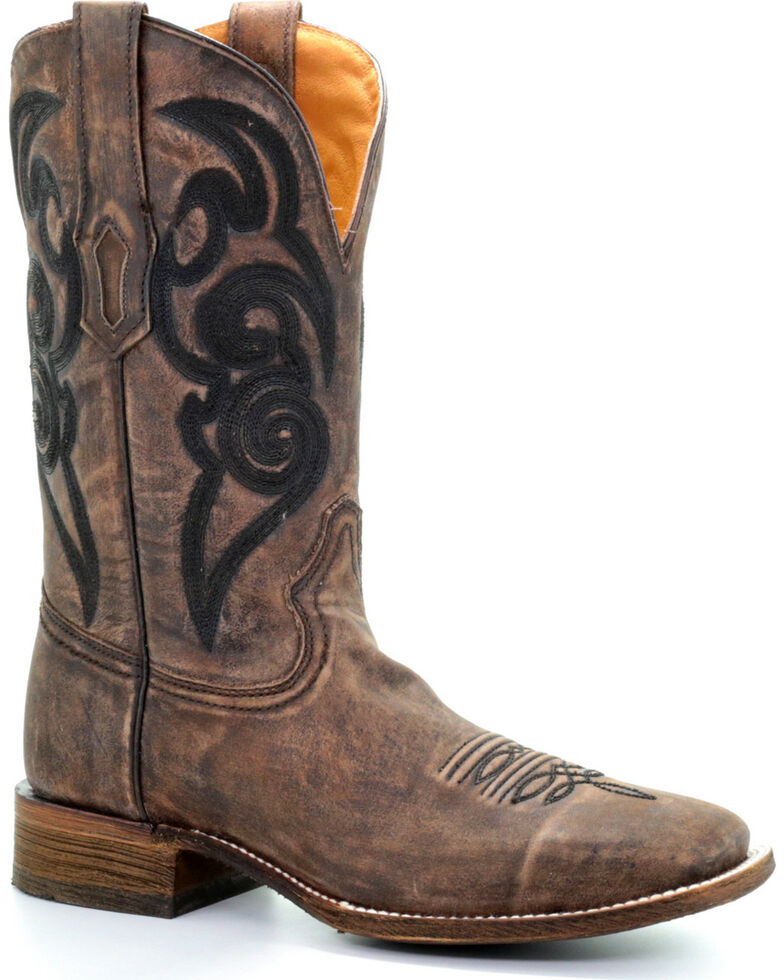 Corral Men's Brown Black Embroidery Cowboy Boots - Square Toe, Brown, hi-res
