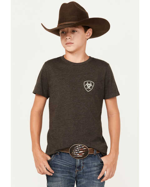 Image #1 - Ariat Boys' Rider Label Short Sleeve Graphic Print T-Shirt , Charcoal, hi-res