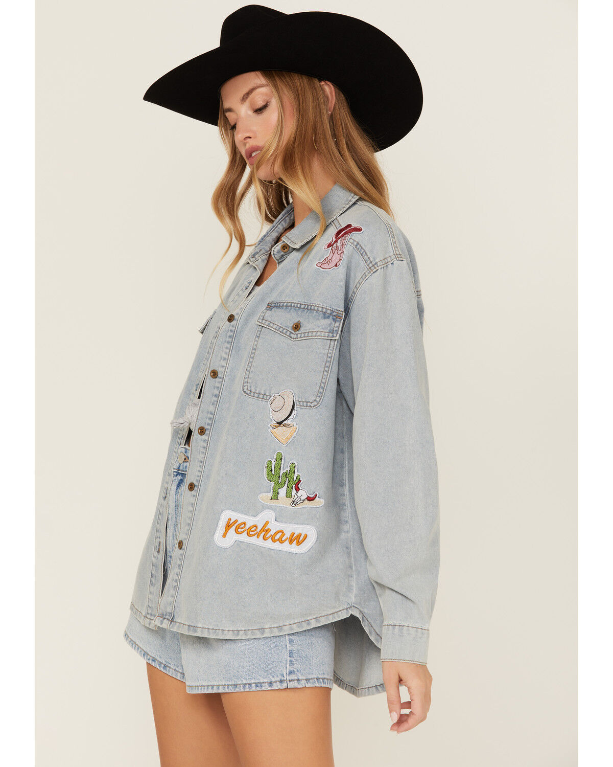 Image #2 - Blue B Women's Light Wash Denim Western Patchwork Long Sleeve Button-Down Western Shirt, Light Wash, hi-res
