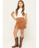 Image #1 - Fornia Girls' Faux Suede Fringe Skirt, Brown, hi-res