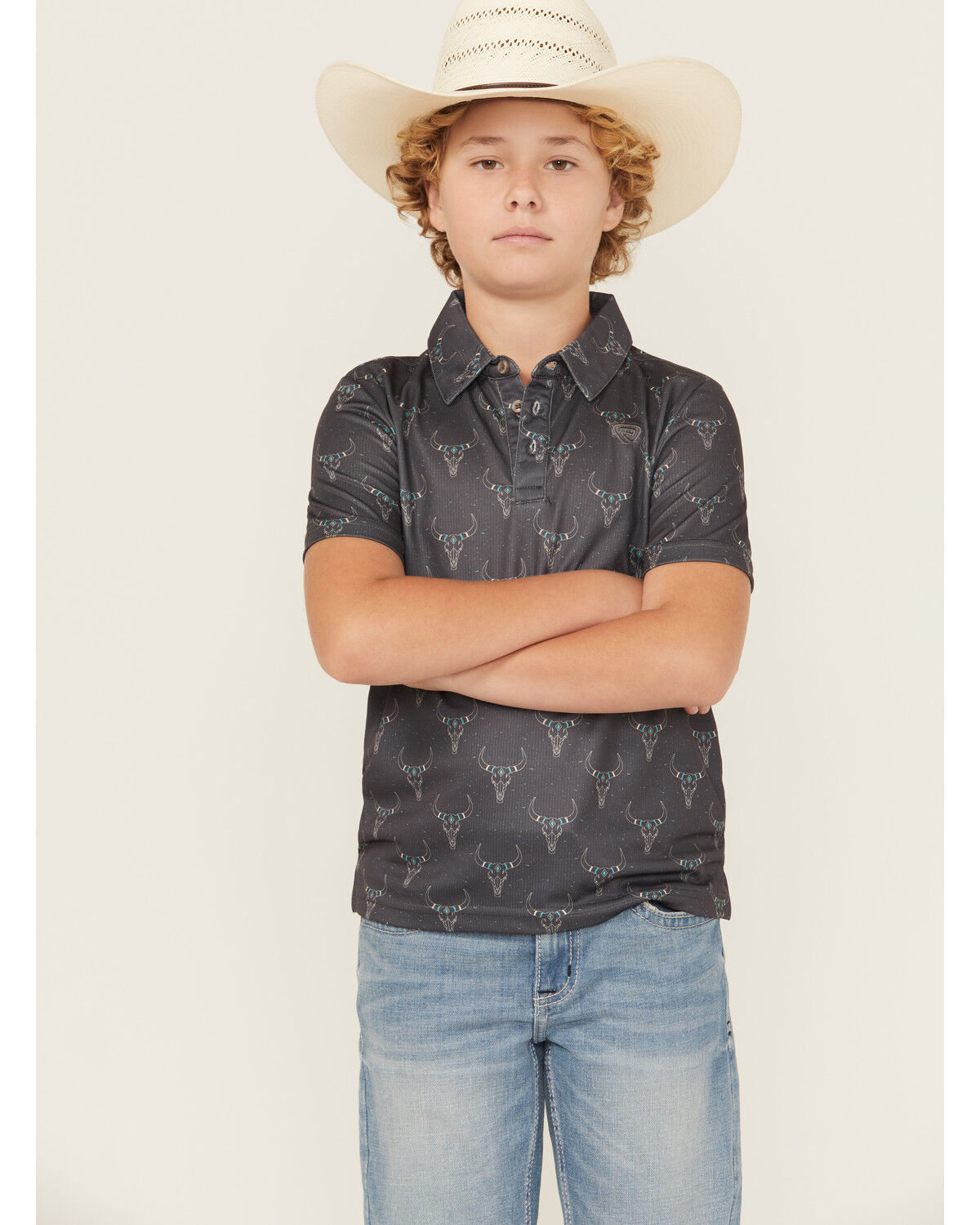 Image #1 - Rock & Roll Denim Boys' Long Horn Print Short Sleeve Button-Down Polo, Black, hi-res