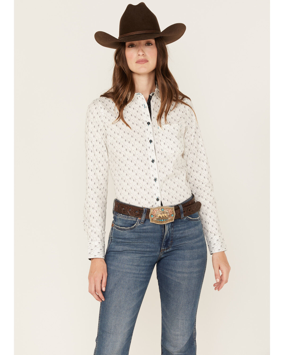 Image #1 - RANK 45® Women's Print Long Sleeve Stretch Snap Riding Shirt, Ivory, hi-res