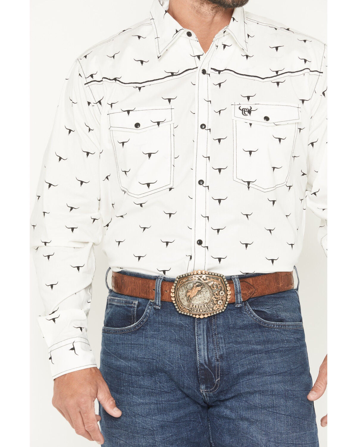 Image #3 - Cowboy Hardware Men's Steerhead Print Long Sleeve Snap Stretch Western Shirt, White, hi-res