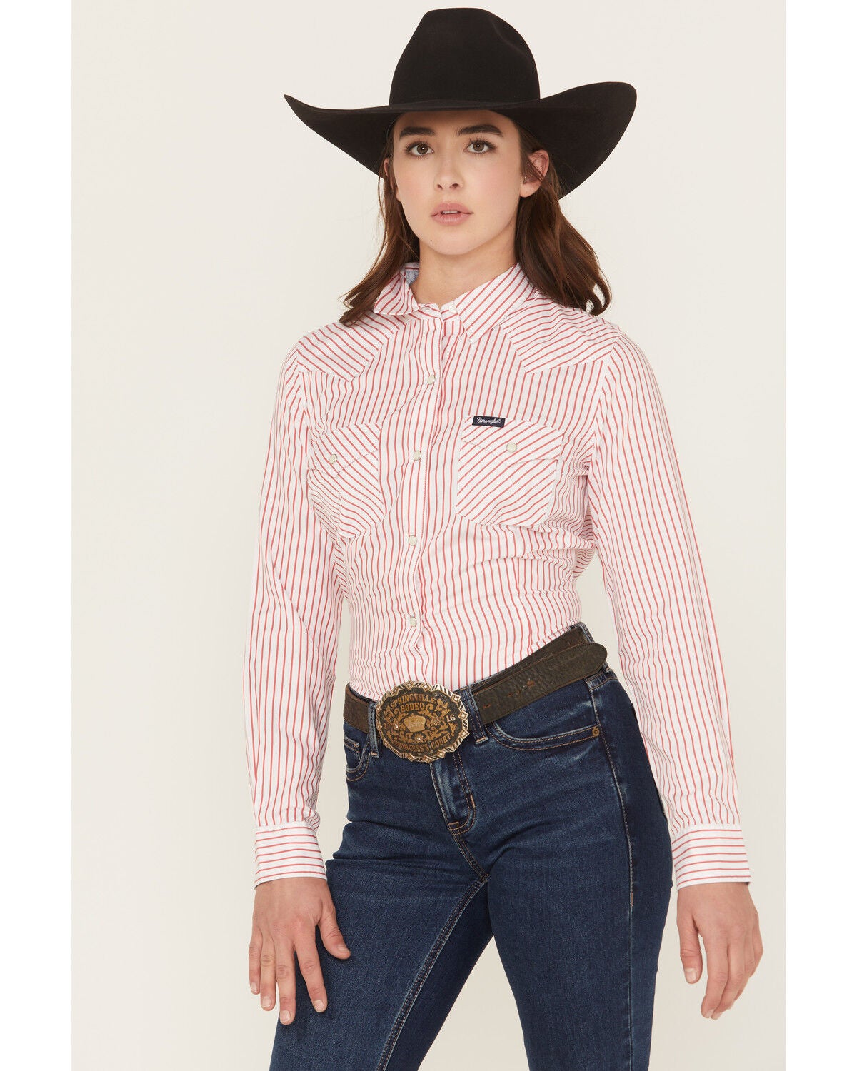Wrangler Retro Women's Striped Print Long Sleeve Snap Stretch Western Shirt, Red, hi-res