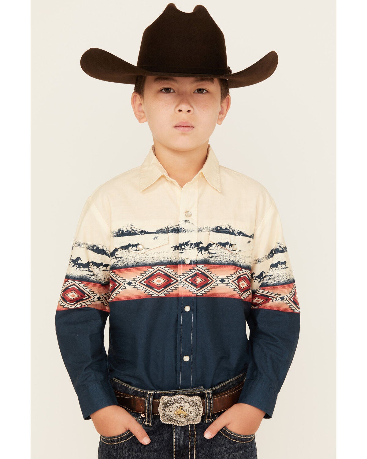 Image #1 - Roper Boys' Vintage Running Horses Boarder Long Sleeve Snap Western Shirt, Ivory, hi-res