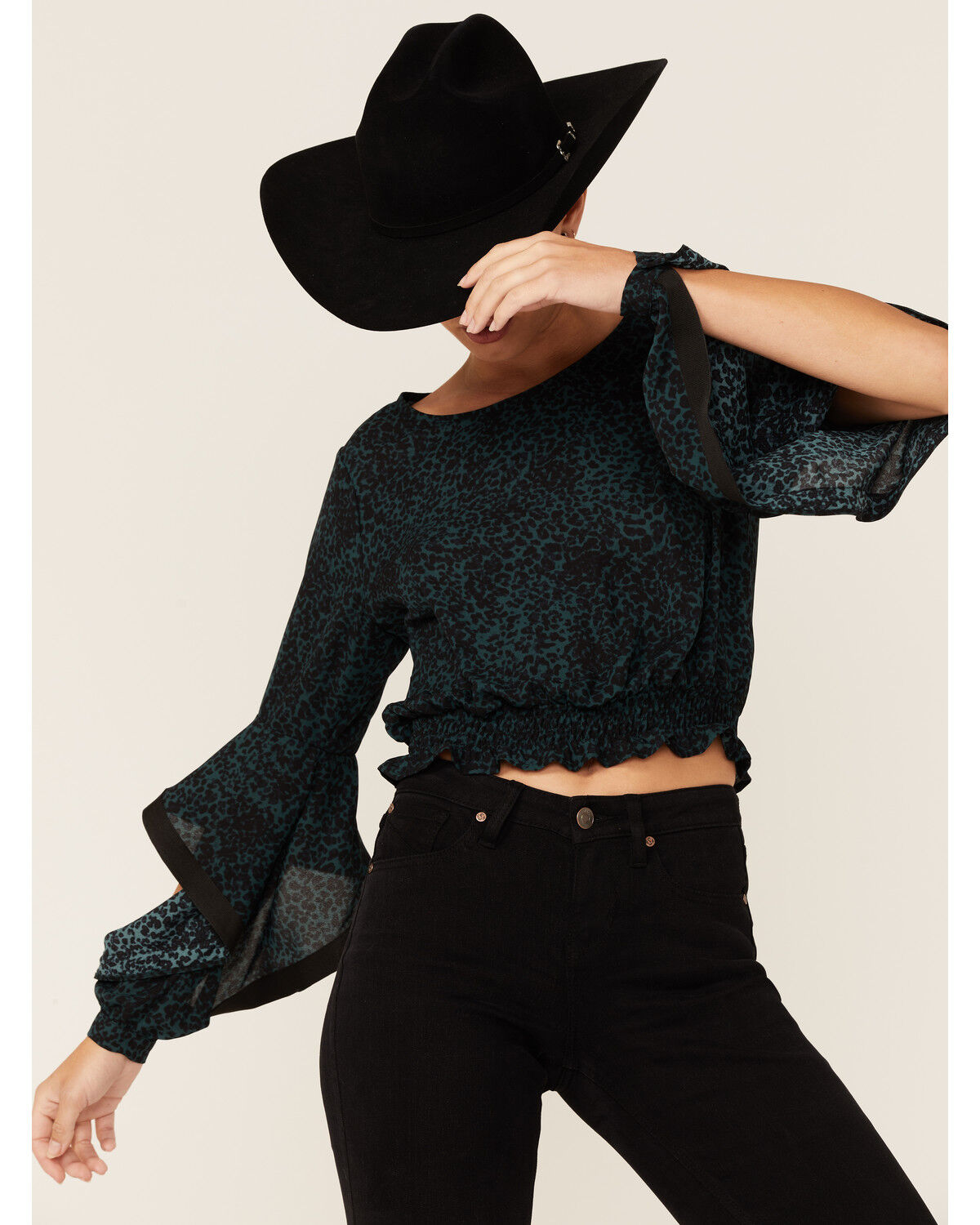 Image #1 - Shyanne Women's Dark Green Animal Print Bell Sleeve Crop Top, Dark Green, hi-res