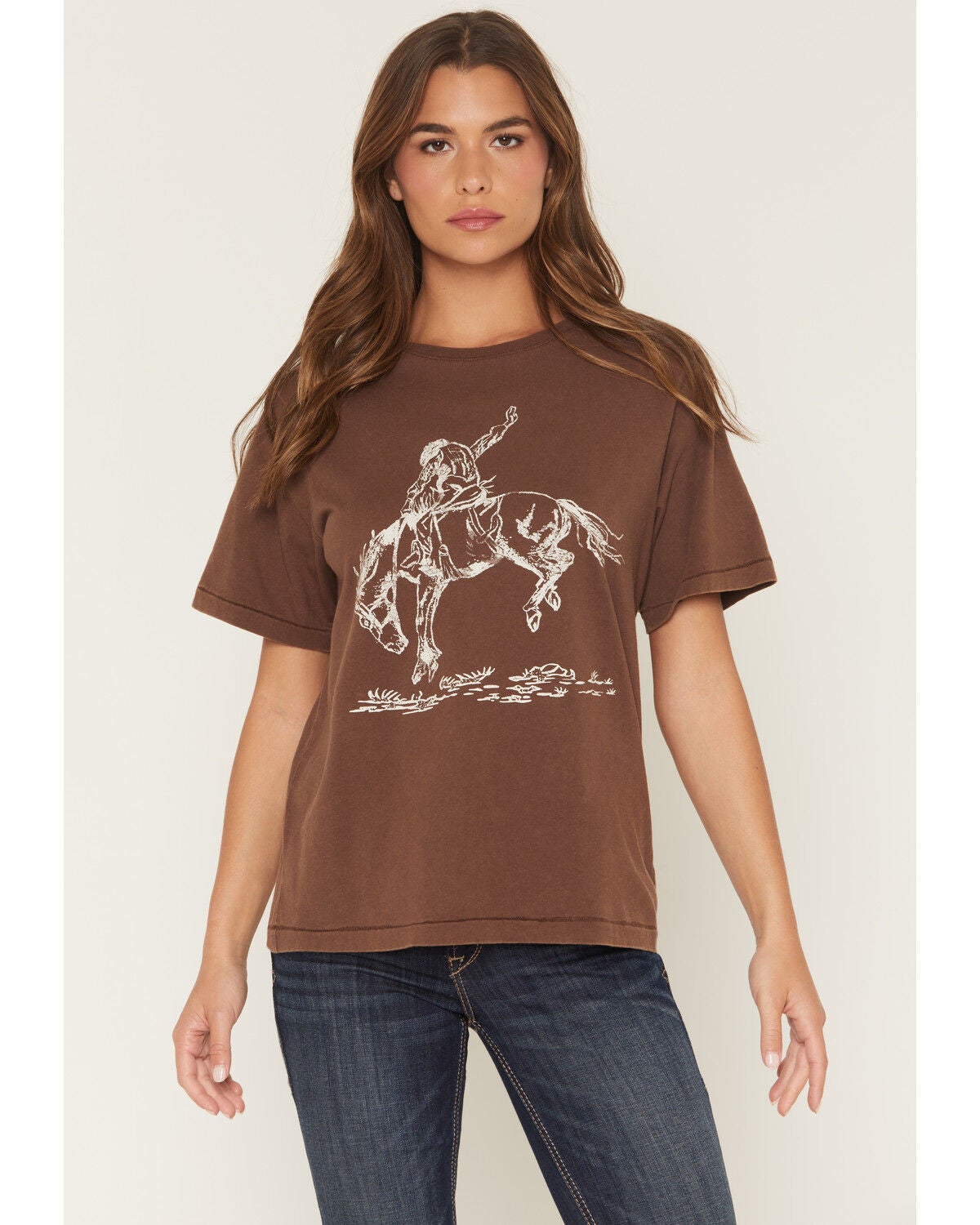 Shyanne Women's Cowboy Horse Short Sleeve Boyfriend Graphic Tee, Brown, hi-res