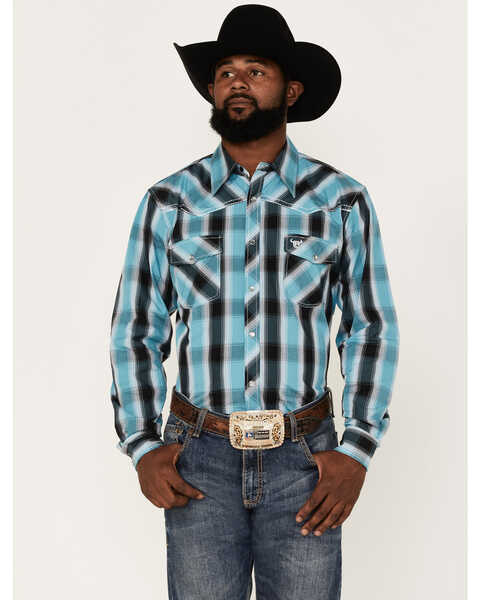 Image #1 - Cowboy Hardware Men's Hombre Large Plaid Print Long Sleeve Pearl Snap Western Shirt, Steel, hi-res