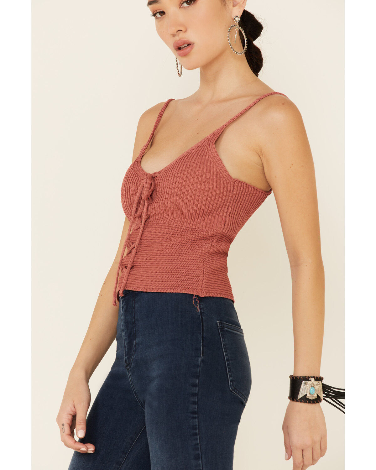 Image #3 - Mystree Women's Sweater-Knit Lace-Up Cami, Coral, hi-res