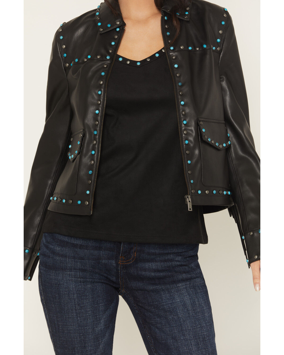 Image #3 - Idyllwind Women's Nance Studded Fringe Faux Leather Jacket, Black, hi-res