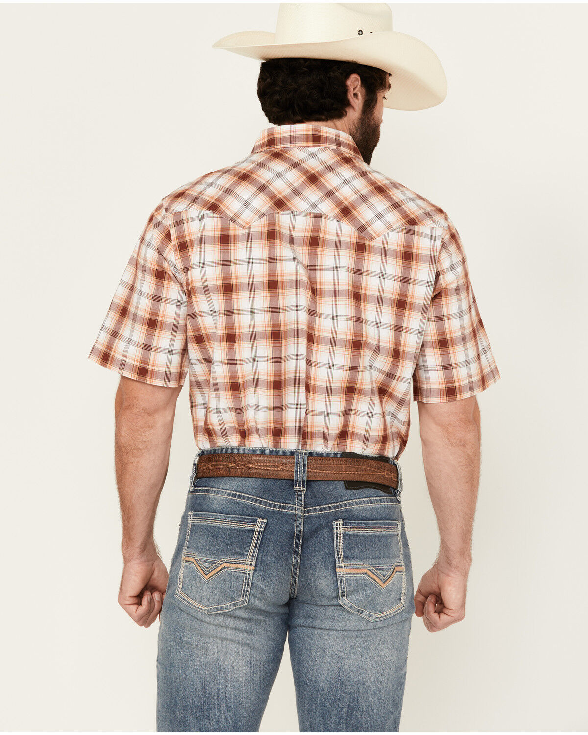 Image #4 - Wrangler Retro Men's Plaid Print Short Sleeve Snap Western Shirt, Maroon, hi-res
