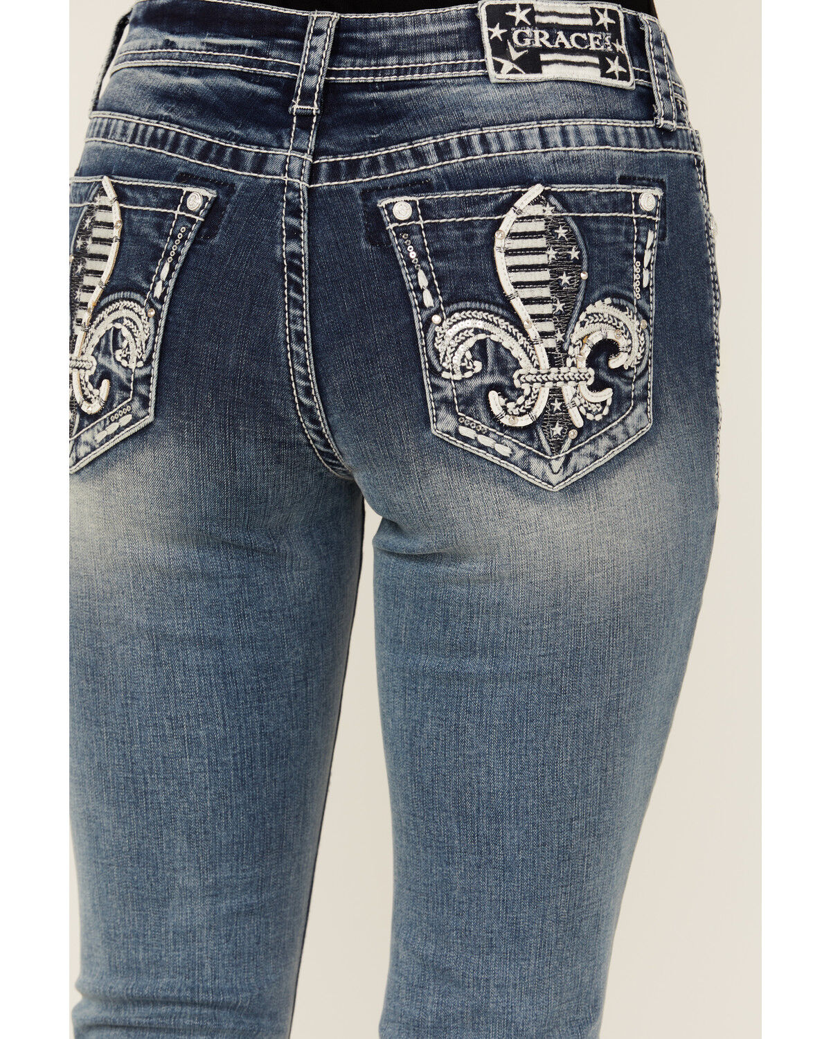 Image #2 - Grace In LA Women's Medium Wash Americana Fleur De Lis Mid Rise Bootcut Stretch Denim Jeans, Medium Wash, hi-res