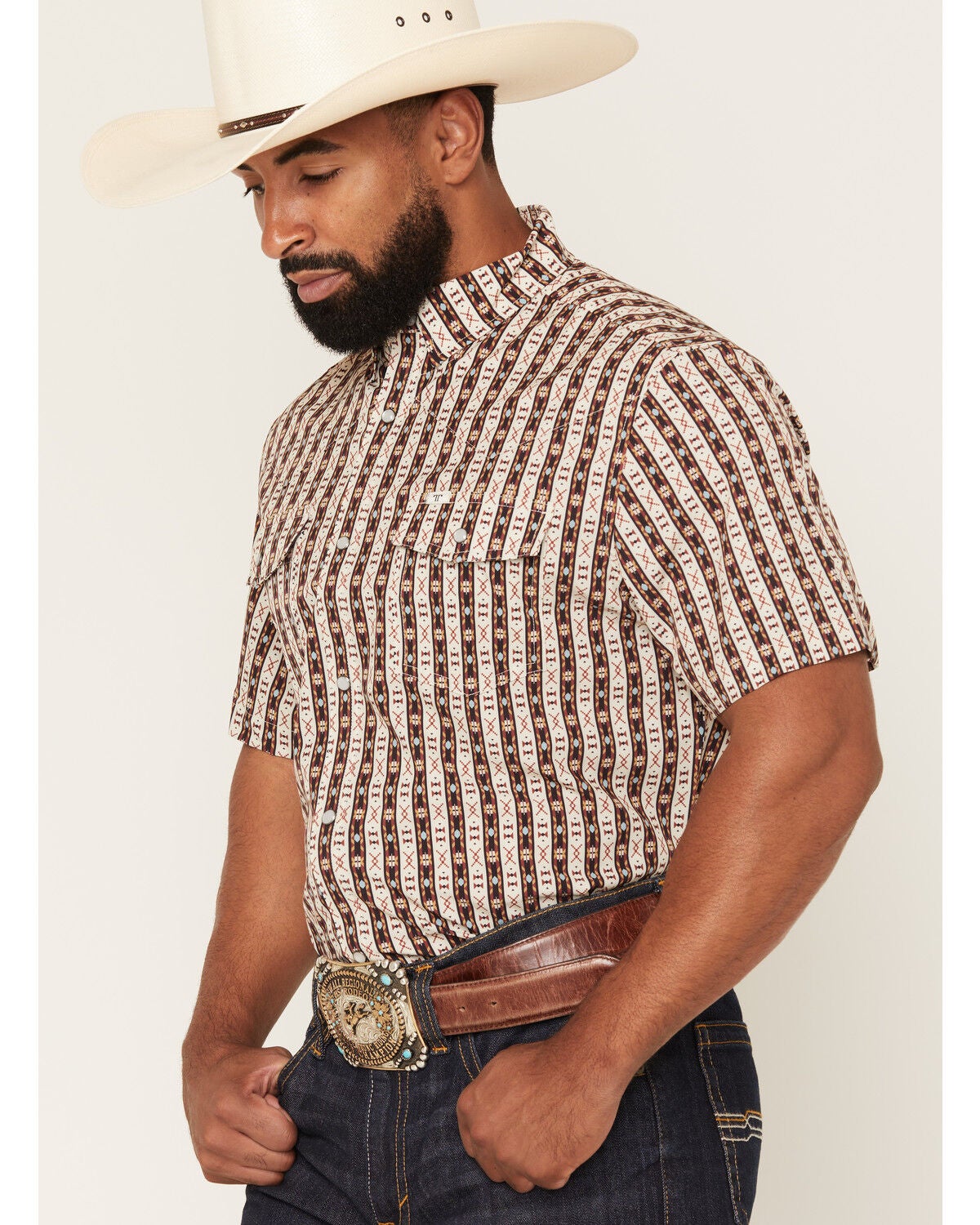 Image #2 - Ferrell Men's Tek Senior Southwestern Striped Print Short Sleeve Snap Performance Western Shirt, Brown, hi-res