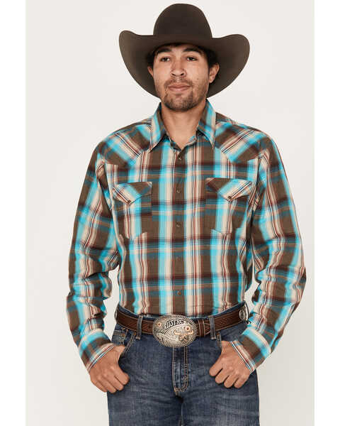 Roper Men's West Made Plaid Print Long Sleeve Western Snap Shirt, Brown, hi-res