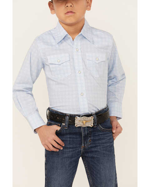 Image #3 - Wrangler 20X Boys' Advanced Comfort Checkered Print Long Sleeve Pearl Snap Stretch Western Shirt , Light Blue, hi-res