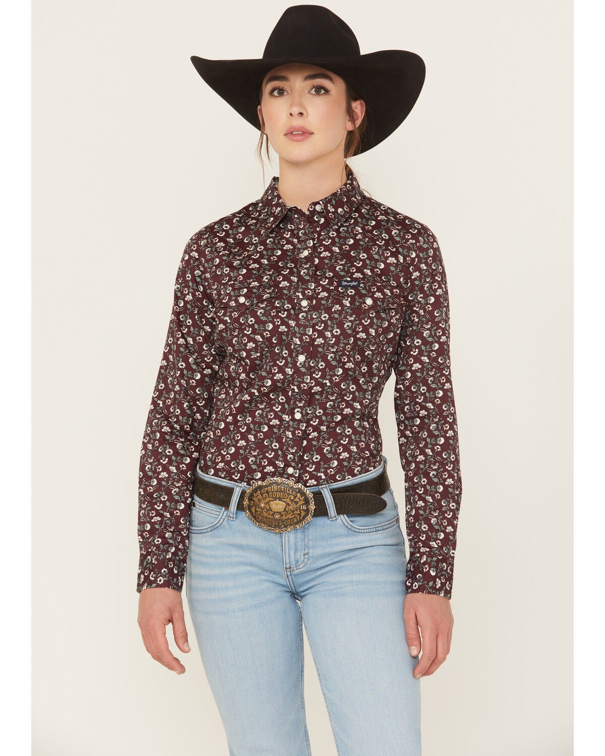 Wrangler Retro Women's Floral Print Long Sleeve Snap Western Shirt, Burgundy, hi-res