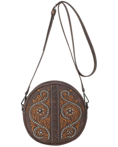 Montana West Women's Floral Embroidered Collection Circle Crossbody Handbag, Coffee, hi-res