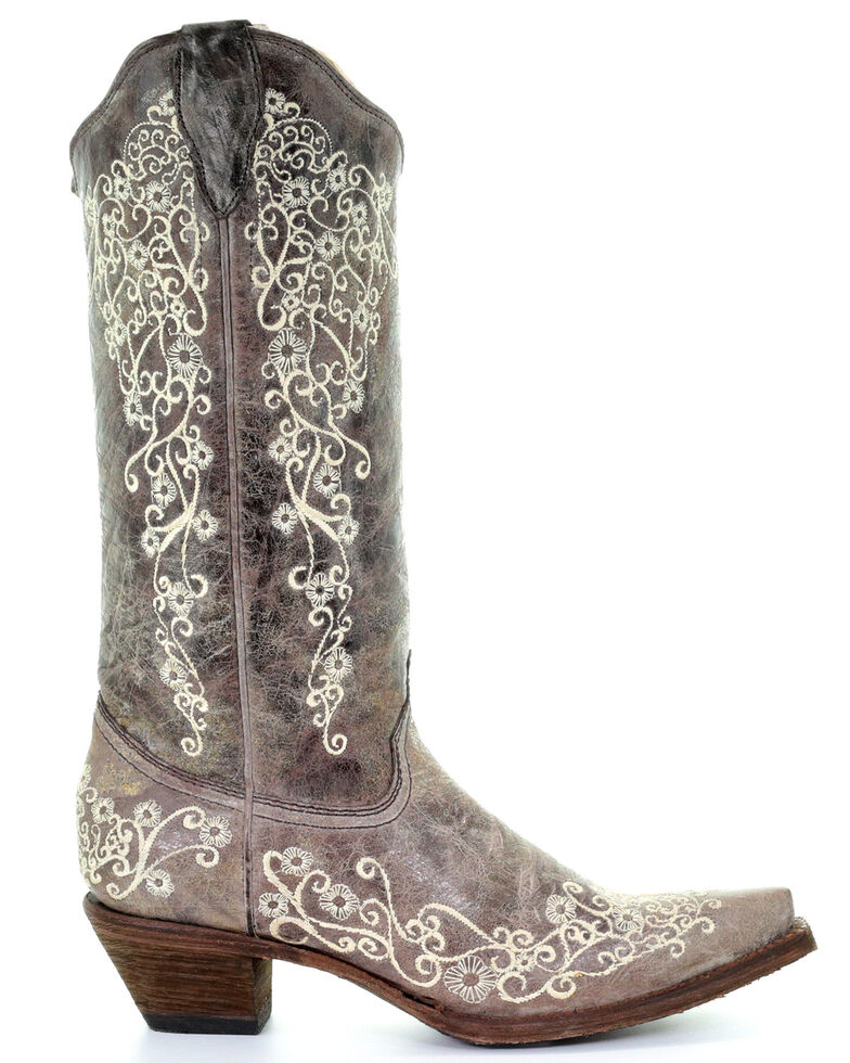 Corral Brown Crater with Bone Embroidery Cowgirl Boots - Snip Toe, Brown, hi-res