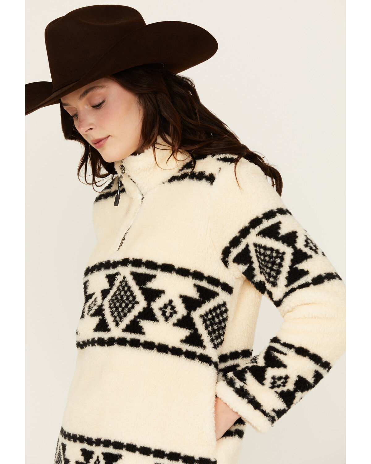 Image #2 - Roper Women's Southwestern Print Sherpa 1/4 Zip Pullover, Cream, hi-res
