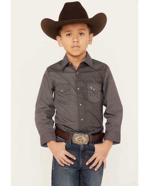 Avalon Boys' Geo Print Long Sleeve Snap Western Shirt, Brown, hi-res