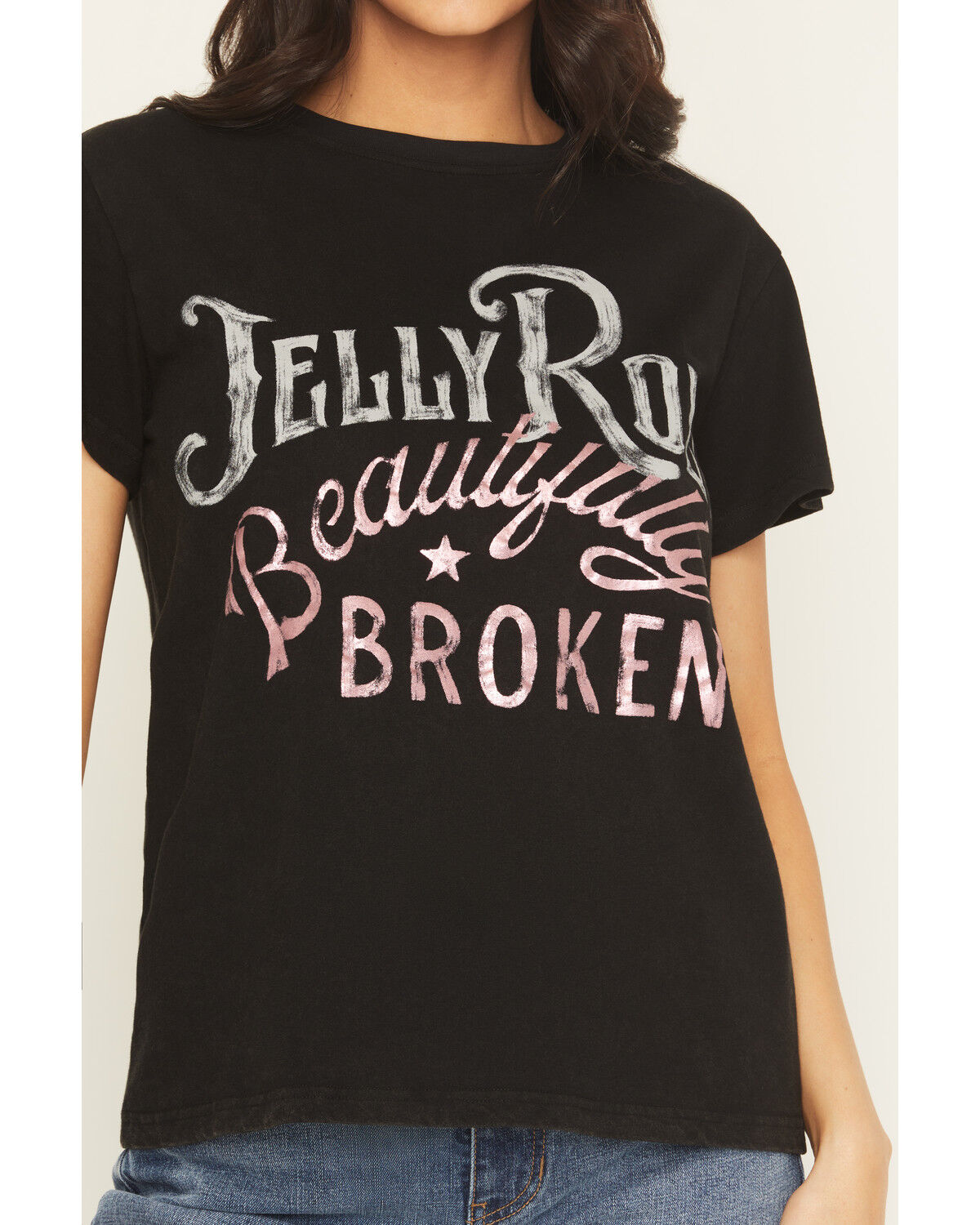 Image #3 - People of Leisure Women's Jelly Roll Beautifully Broken Short Sleeve Cropped Graphic Tee, Black, hi-res