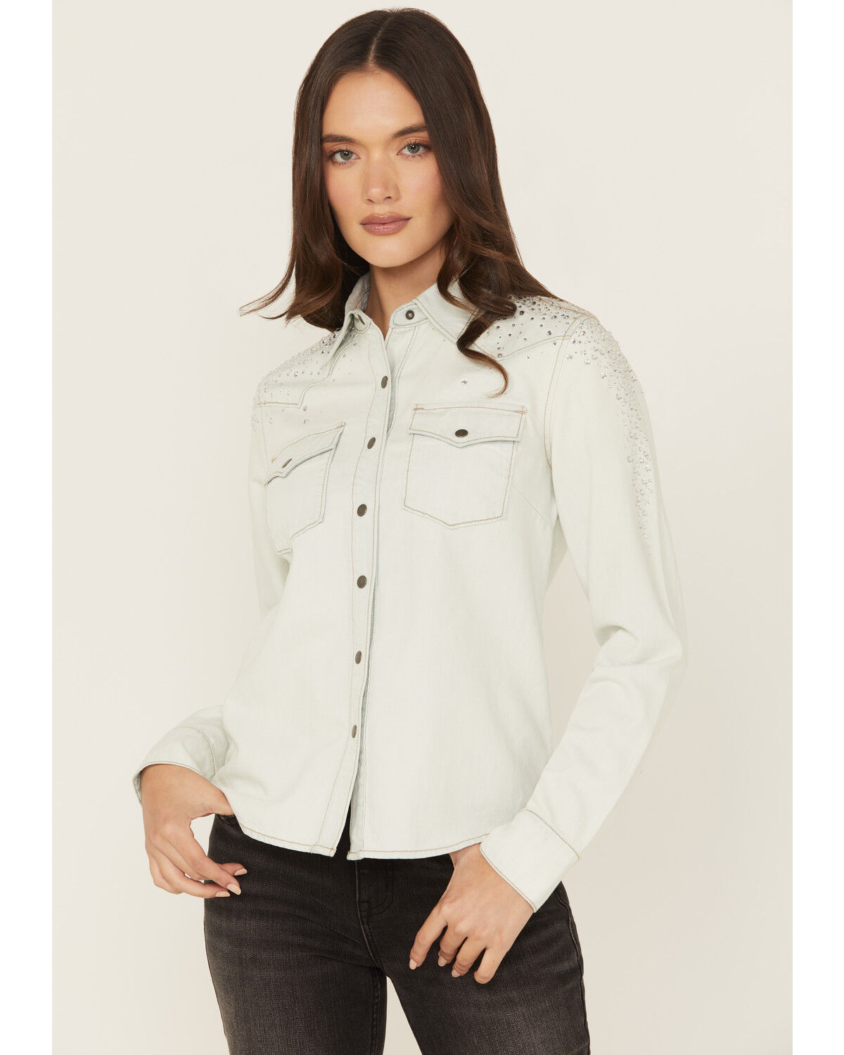 Image #1 - Idyllwind Women's Embellished Light Wash Long Sleeve Snap Denim Shirt, Light Wash, hi-res