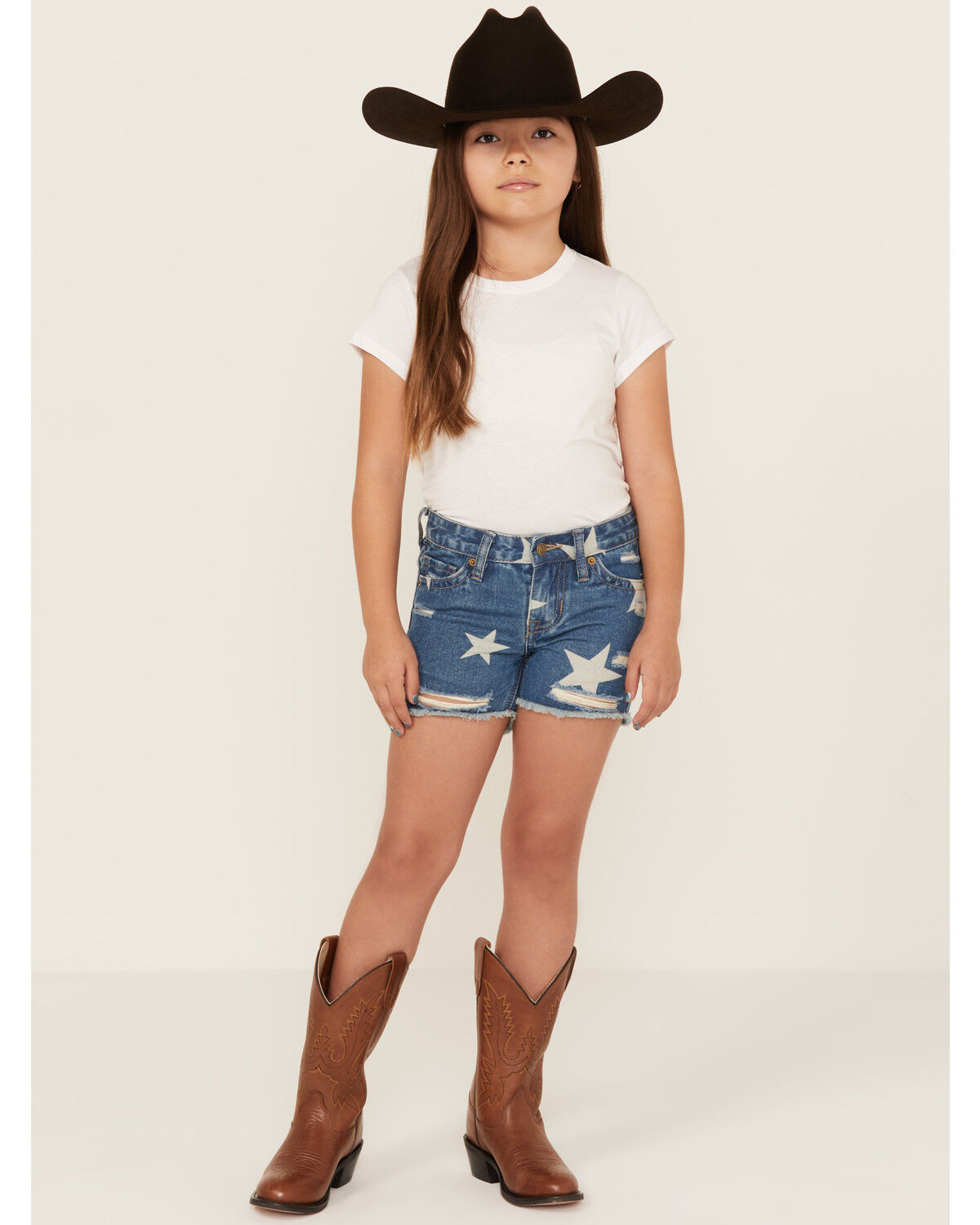 Image #1 - Rock & Roll Denim Girls' Medium Wash Denim Star Print Shorts, Medium Wash, hi-res
