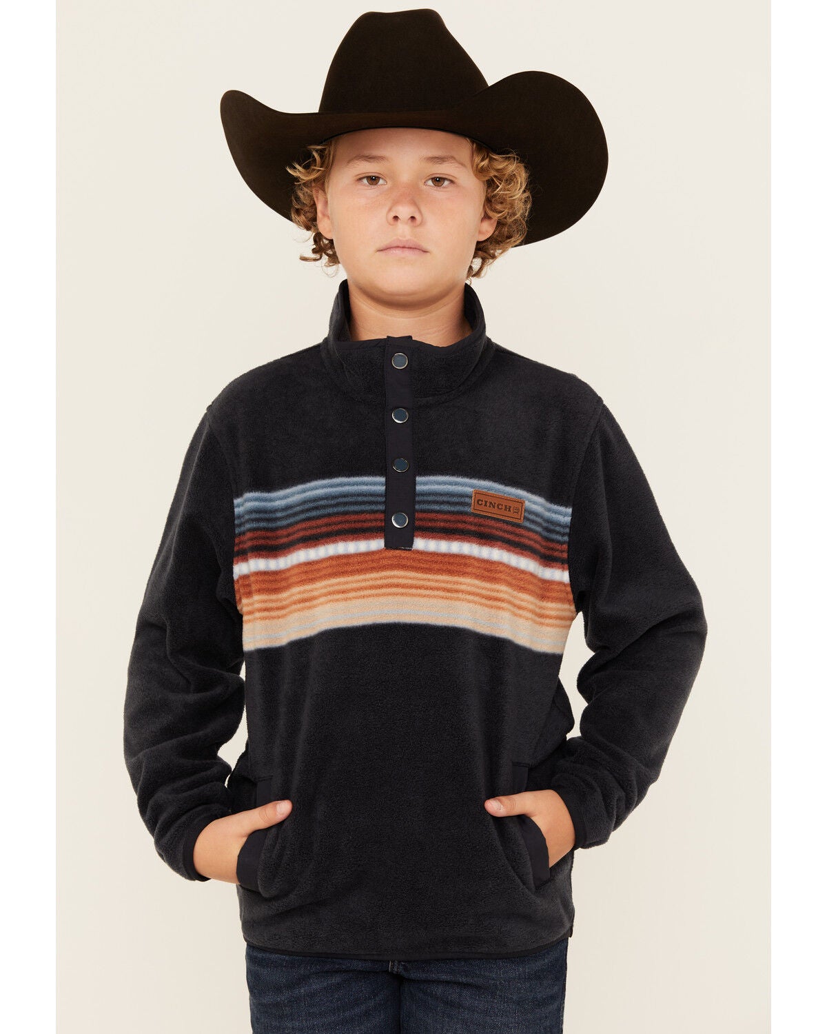 Cinch Boy's Striped Polar Fleece Pullover, Navy, hi-res
