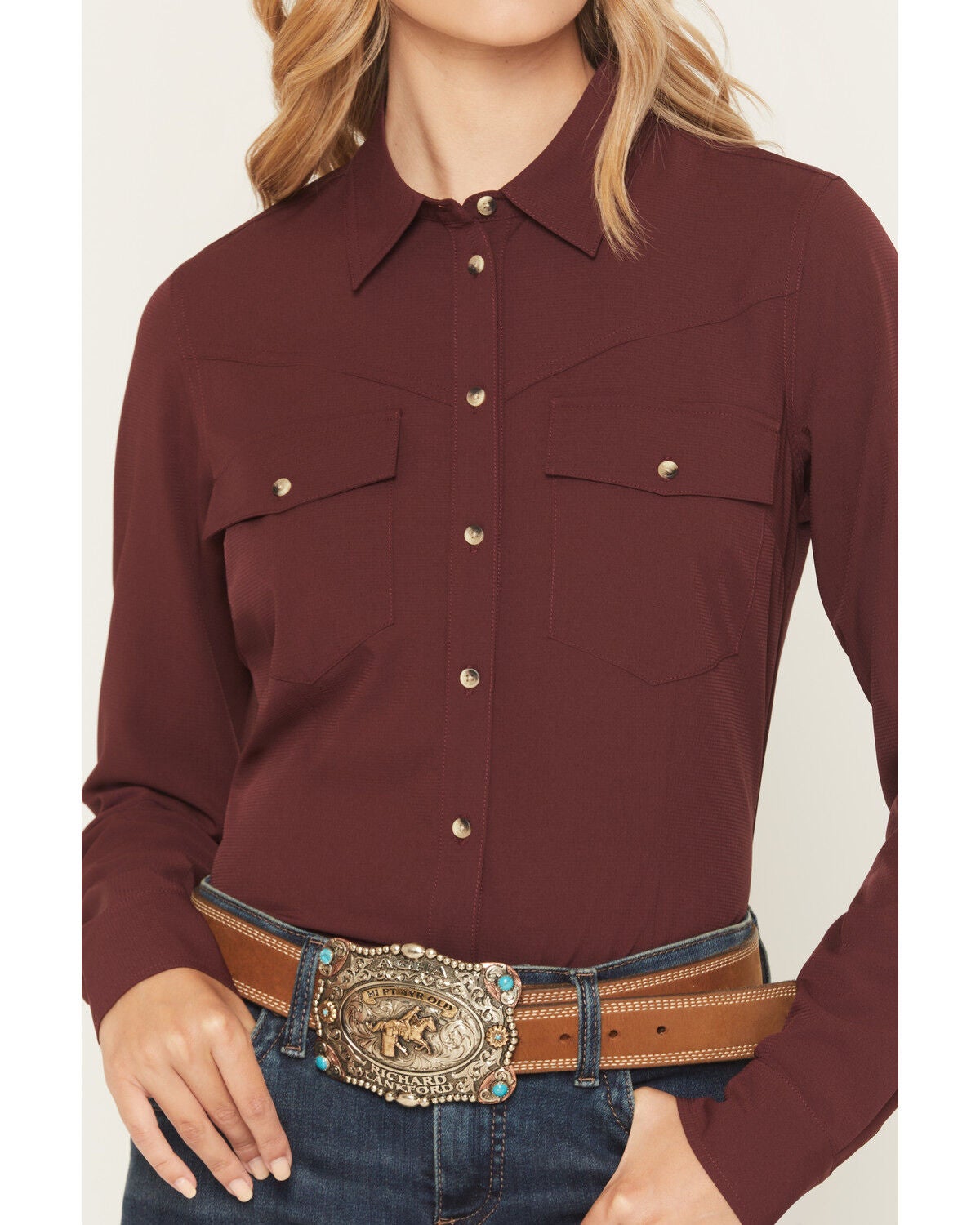 Image #3 - Shyann Women's Solid Long Sleeve Button-Down Stretch Performance Shirt, Brick Red, hi-res