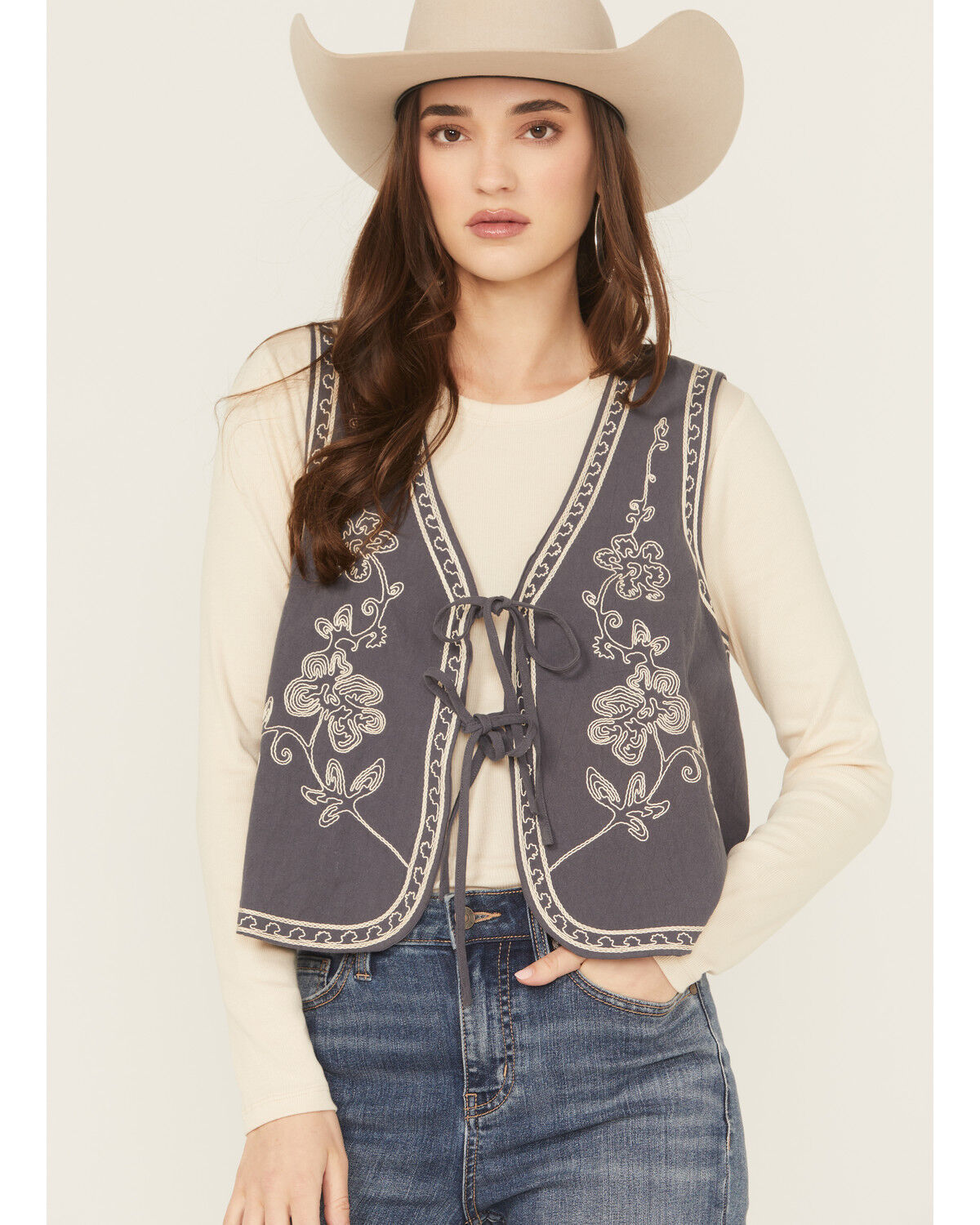 Image #1 - Easel Women's Floral Embroidered Tie-Front Vest, Navy, hi-res