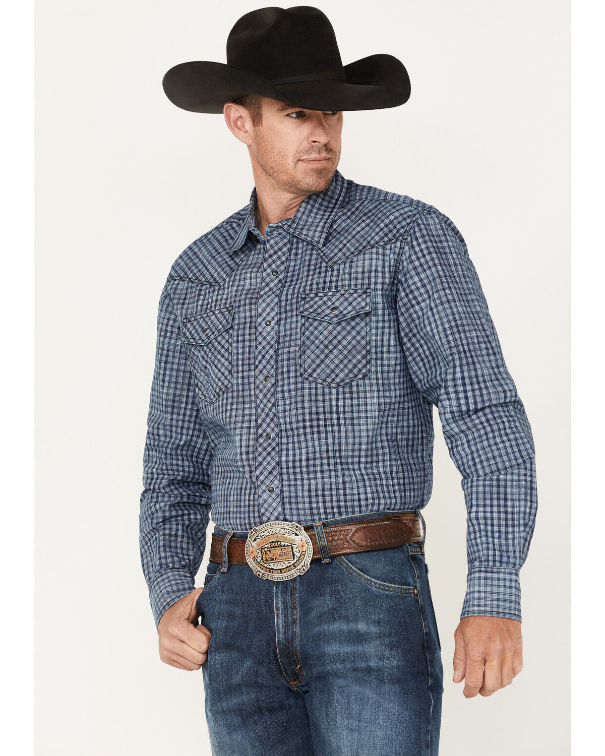 Image #1 - Wrangler Retro Premium Men's Check Plaid Print Long Sleeve Snap Western Shirt, Navy, hi-res