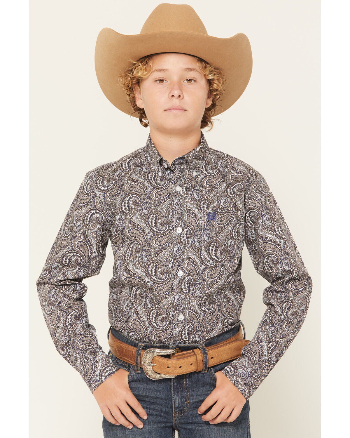 Image #1 - Cinch Boys' Paisley Print Long Sleeve Button-Down Western Shirt, Grey, hi-res
