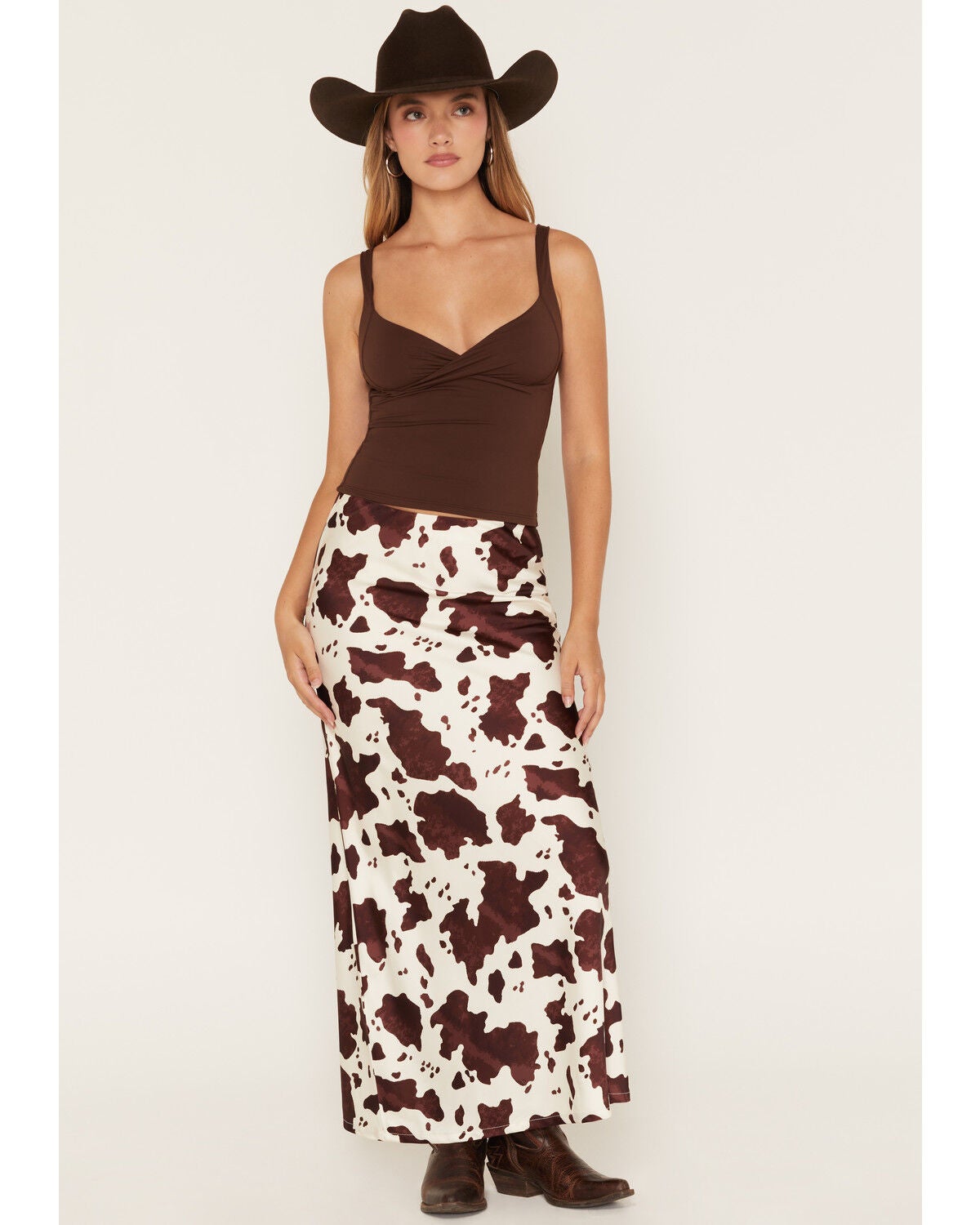 Image #1 - Rock & Roll Denim Women's Satin Cowhide Print Midi Skirt, Natural, hi-res